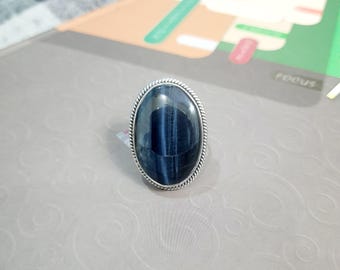 Blue Tiger Eye Ring, 925 Sterling Silver Ring, Large Stone Statement Ring, Blue Tiger Eye Jewelry, Ring for Men and Women, Christmas Gift