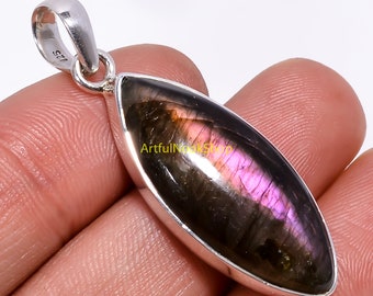 Natural Purple Labradorite Stone Pendant, Gemstone Pendant, 925 Sterling Silver Pendant, Handmade Statement Pendant, Purple Stone Jewelry