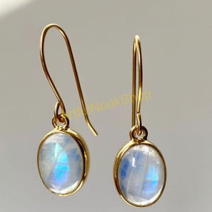 Natural Blue Moonstone Gold Earrings, 925 Sterling Silver Yellow Gold Plated Earrings, Dangle Earrings, Moonstone Jewelry, Gift for Her