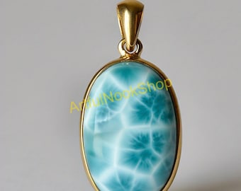 Natural Large Oval Blue Larimar Gemstone Gold Pendant, 925 Sterling Silver Yellow Gold Plated Pendant, Birthday Gift Jewelry for Her