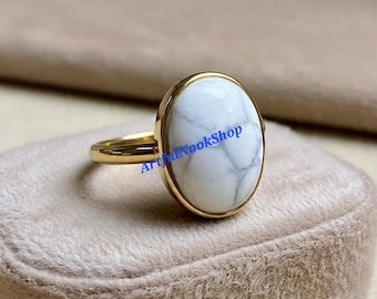 Natural Howlite Gold Ring White Stone Ring 925 Sterling Silver Yellow Gold Plated Ring Statement Ring Howlite Birthday Gift Jewelry for Her