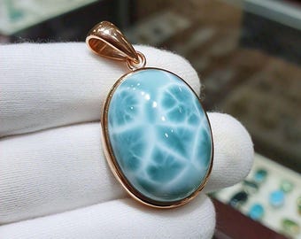 Larimar Rose Gold Pendant, Solid 925 Sterling Silver Rose Gold Pendant, Natural Larimar Gemstone Handmade Rose Gold Gift Jewelry for Women