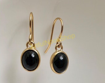 Black Onyx Gold Earrings, 925 Sterling Silver Earrings, 18K Yellow Gold Plated Earrings, Onyx Earrings, Onyx Gold Gift Jewelry For Wife Mom