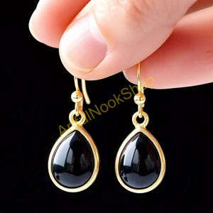 Schwarze Onyx Gold Ohrringe, Schwarze Stein Ohrringe, 925 Sterling Silber Vergoldete Ohrringe, Baumeln Ohrringe, Hochzeitsgeschenk Schmuck für Frauen