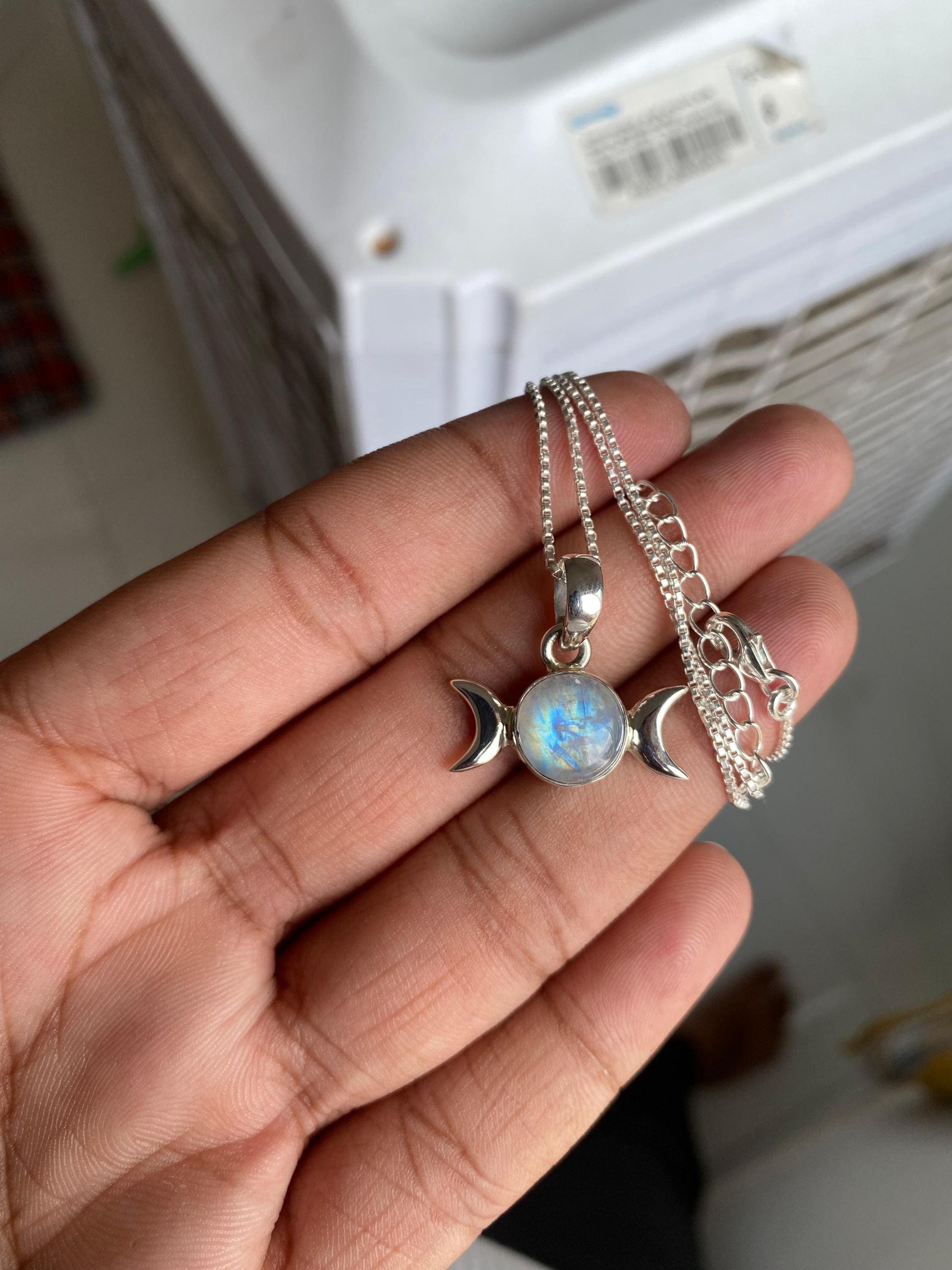 Triple Moon Pendant Rainbow Moonstone Goddess Pendant 925 Sterling 