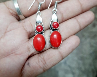 Red Coral Gemstone Earrings Red Stone Earrings 925 Sterling Silver Earrings Dangle Earrings Coral Jewelry Christmas Gift for Girlfriend Wife