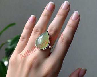 Anillo de prehnita, anillo de piedra verde, anillo de plata de ley 925, anillo llamativo, anillo de compromiso, anillo de bodas, joyería de prehnita, regalo para mujer