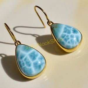 Natural Larimar Gold Earrings, 925 Sterling Silver Yellow Gold Plated Earrings, Dangle Earrings, Larimar Gold Jewelry Christmas Gift for Her