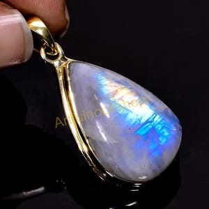 Natural Blue Moonstone Gold Pendant, Solid 925 Sterling Silver Yellow Gold Plated Handmade Statement Pendant, Moonstone Jewelry Gift For Her