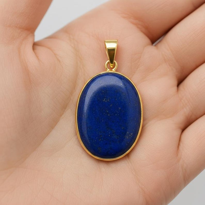 天然の大きな楕円形のブルーラピスラズリのペンダント、925スターリングシルバーのゴールドメッキペンダント、チェーン付きペンダントネックレス、ウェディングジュエリー 画像 4