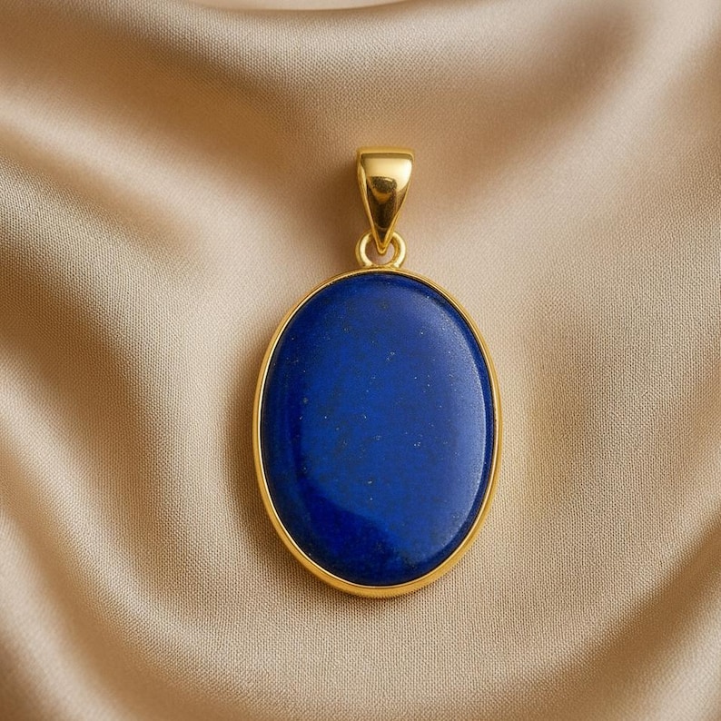天然の大きな楕円形のブルーラピスラズリのペンダント、925スターリングシルバーのゴールドメッキペンダント、チェーン付きペンダントネックレス、ウェディングジュエリー 画像 3