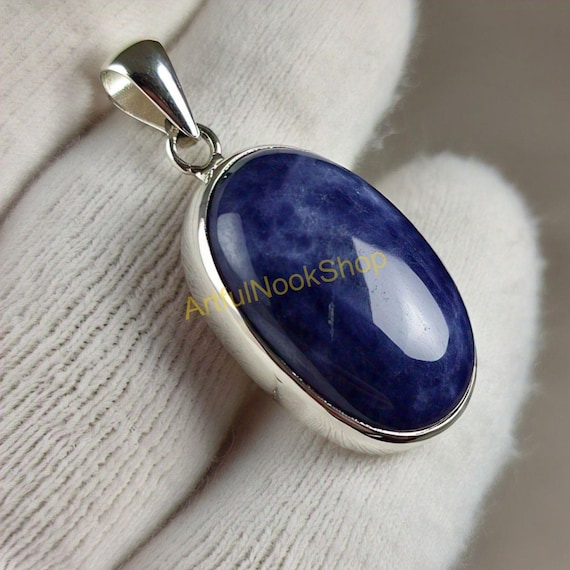 Large Oval Sodalite Pendant 925 Sterling Silver Pendant Blue Stone