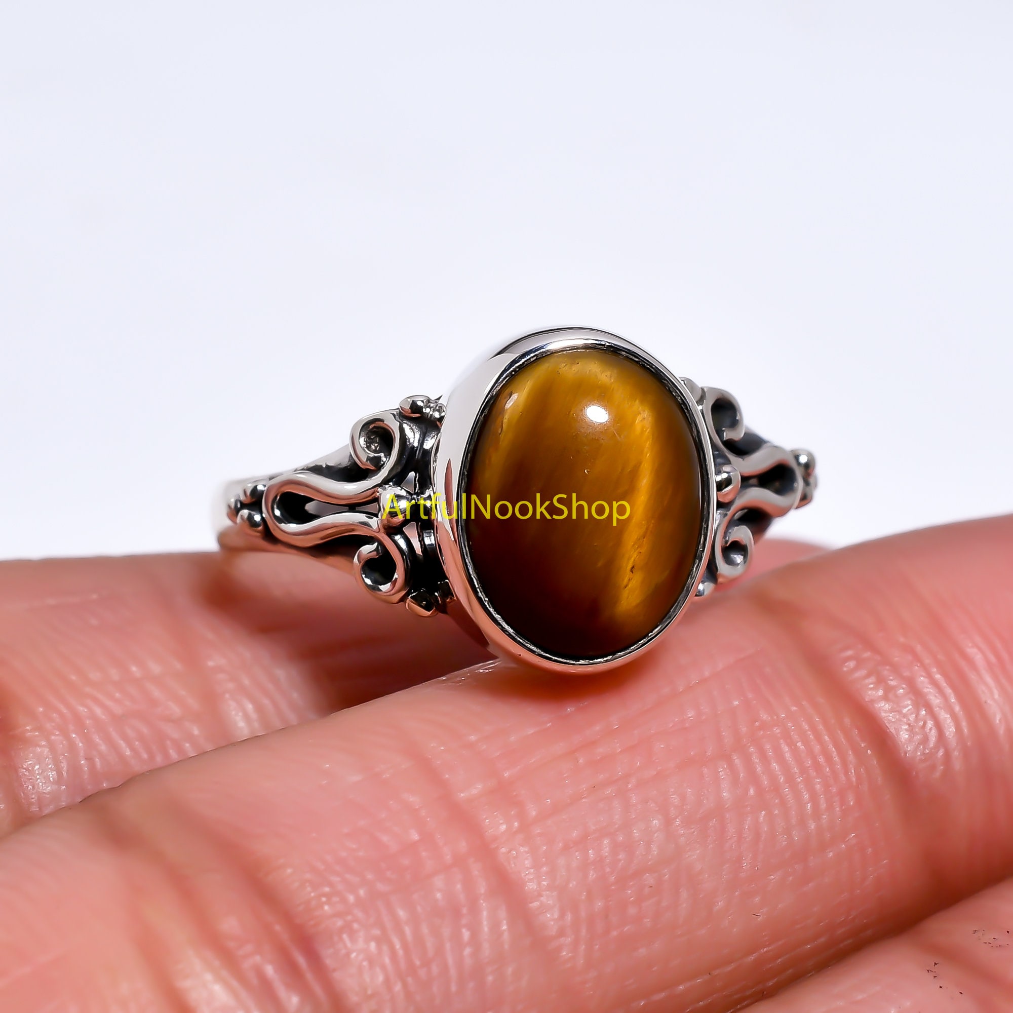Tiger Eye Ring 925 Sterling Silver Ring Gemstone Ring Brown Stone 