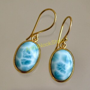 Natural Larimar Gold Earrings, 925 Sterling Silver 18K Yellow Gold Plated Earrings, Dangle Earrings, Larimar Wedding Gift Jewelry for Women