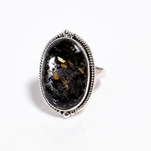 Natural Greenland Nuummite Ring Golden Stone Ring 925 Sterling Silver Ring Unique Gemstone Ring Handmade Statement Boho Rings Gift Jewelry