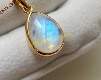 Natural Blue Moonstone Gold Pendant, 925 Sterling Silver Yellow Gold Plated Pendant, Statement Pendant Necklace with Chain, Gift for Her