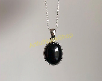 Natural Black Onyx Pendant Necklace, Black Stone Pendant, 925 Sterling Silver Pendant Necklace with Chain, Black Onyx Gift Jewelry for Women