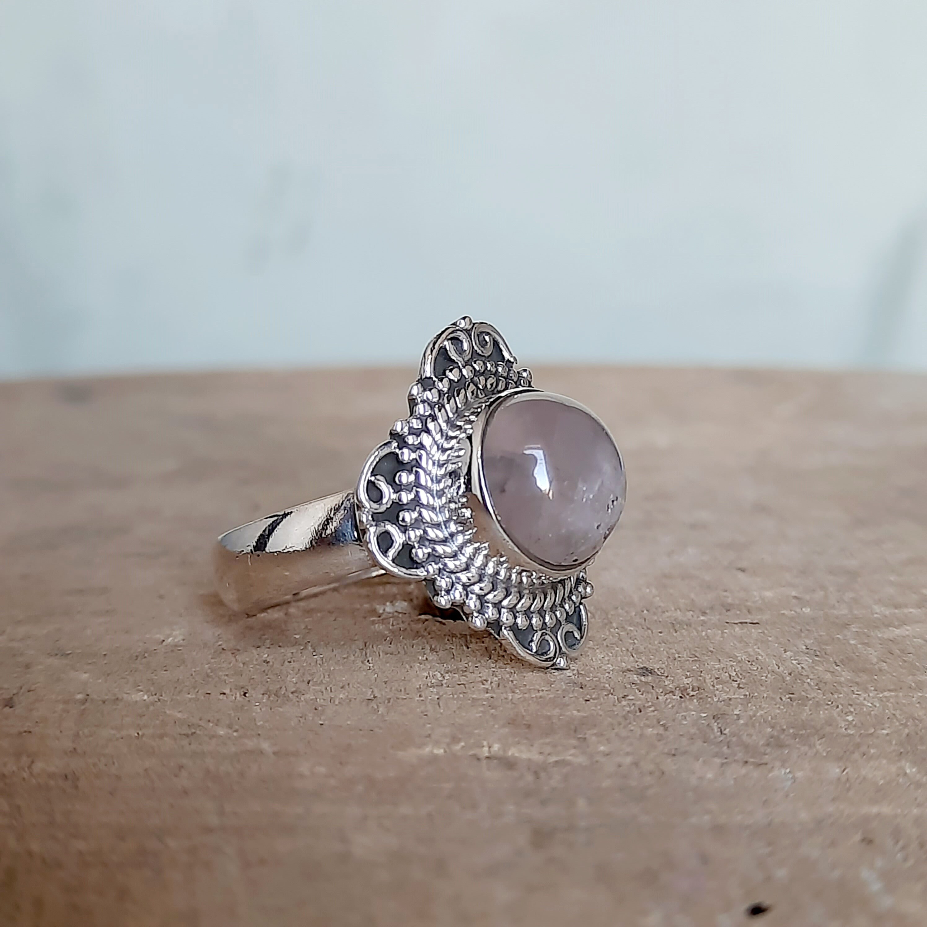 Rose Quartz Round Leaf Style Ring 925 Sterling Silver Ring Blush Pink Ring Quartz  Ring Ornate Ring size 8 main image 1