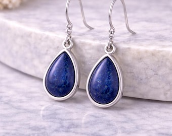 Örhängen i naturlig lapis lazuli, örhängen i blå sten, örhängen i 925 sterlingsilver, hängande örhängen, handgjorda örhängen, födelsedagspresent till henne