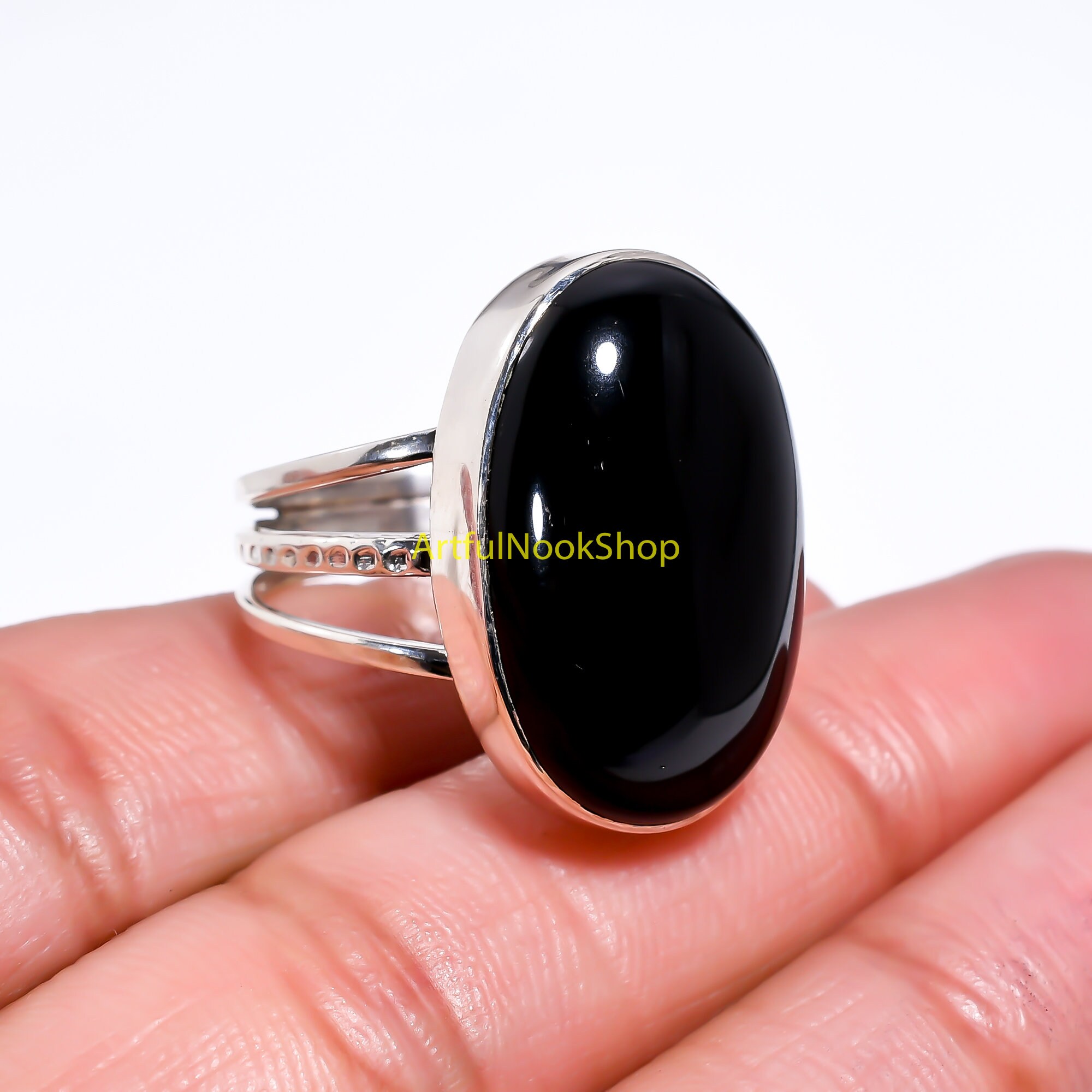 Natural Large Oval Black Onyx Stone Ring 925 Sterling Silver Ring 