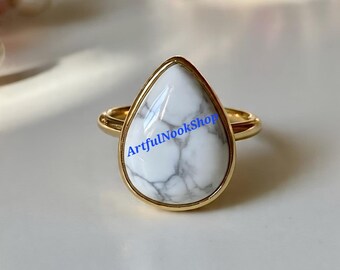 Natural Howlite Gold Ring White Stone Ring 925 Sterling Silver 18k Yellow Gold Plated Ring Statement Ring Howlite Gift Jewelry for Her