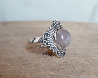 Pink Rose Quartz Stone 925 Sterling Silver Handmade Unique Vintage Design Statement Ring Jewelry Christmas Gift for Her