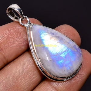 Natural Top Quality Blue Fire Rainbow Moonstone 925 Sterling Silver Handmade Statement Chain Pendant Necklace Jewelry Gift for Her
