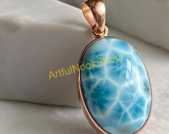 Natuurlijke larimar edelsteen roségouden hanger, massief 925 sterlingzilver roségoud vergulde hanger, larimar roségouden cadeau-sieraden voor vrouwen