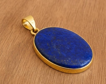 Natural Large Oval Blue Lapis Lazuli Stone Pendant, 925 Sterling Silver Gold Plated Pendant, Pendant Necklace with Chain, Wedding Jewelry