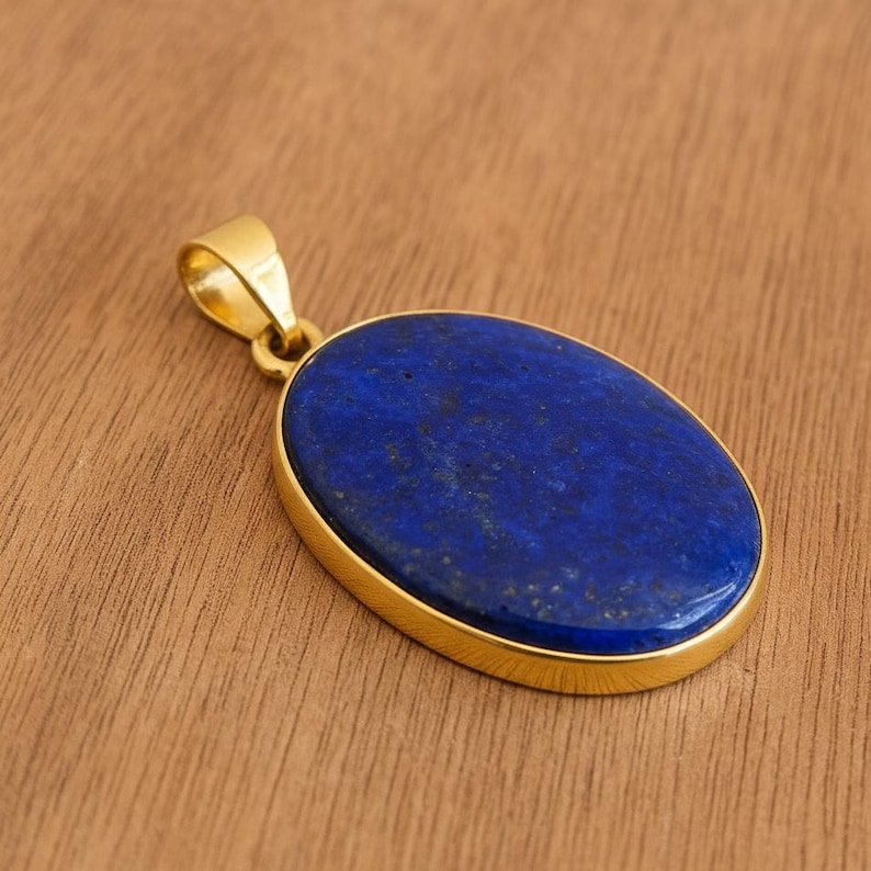 天然の大きな楕円形のブルーラピスラズリのペンダント、925スターリングシルバーのゴールドメッキペンダント、チェーン付きペンダントネックレス、ウェディングジュエリー 画像 1