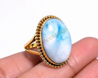 Natural Blue Larimar Ring Blue Stone Ring 925 Sterling Silver Yellow Gold Plated Ring Handmade Statement Ring Larimar Gold Gift Jewelry