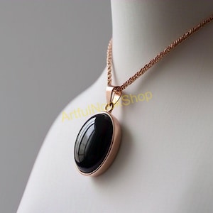 Black Onyx Gold Pendant Solid 925 Sterling Silver 18K Rose Gold Plated Pendant Necklace with Chain Black Stone Rose Gold Jewelry Gift