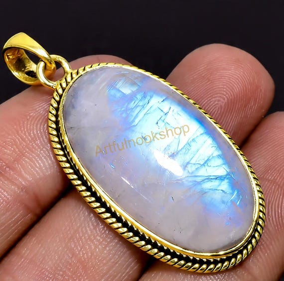 Large Blue And White Rainbow Moonstone Pendant 925 Sterling Silver Yellow Gold Plated Pendant Statement Pendant Wedding Gift Jewelry For Her