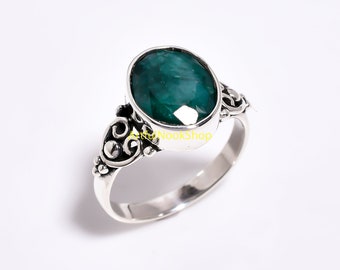 Natural Emerald Gemstone 925 Sterling Silver Handmade Design Statement Green Stone Ring Jewelry Gift for Her