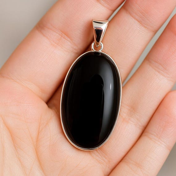 Large Oval Black Onyx Stone Pendant, 925 Sterling Silver Pendant