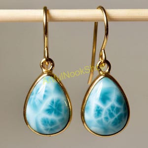 Natural Larimar Gold Earrings, 925 Sterling Silver 18K Yellow Gold Plated Earrings, Dangle Earrings, Larimar Jewelry, Christmas Gift for Her