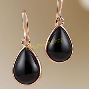 Schwarz Onyx 925 Sterling Silber Ohrringe Schwarz Stein Ohrringe Rose Gold überzogene Ohrringe Tropfen baumeln Ohrringe Birne Form Ohrringe für Frauen