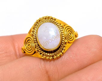 Handmade Rainbow Moonstone Ring, Yellow Gold Plated 925 Sterling Silver, Boho Design