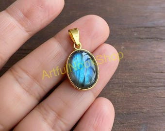 Natural Blue Labradorite Gold Pendant, Solid 925 Sterling Silver 18K Yellow Gold Plated Pendant, Gemstone Pendant, Labradorite Gold Jewelry