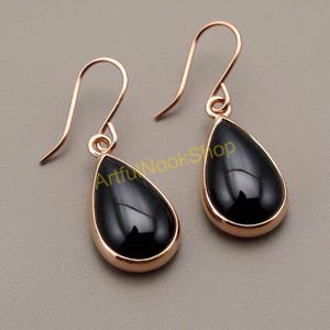 Birnenform Schwarzer Onyx Gold Ohrringe, 925 Sterling Silber Ohrringe, Tropfen Ohrringe, Onyx Rosevergoldet Ohrringe, Onyx Geschenk Schmuck
