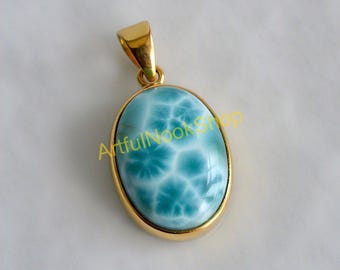 Natural Large Oval Blue Larimar Gemstone Gold Pendant, 925 Sterling Silver Yellow Gold Plated Pendant, Christmas Gift Jewelry for Women