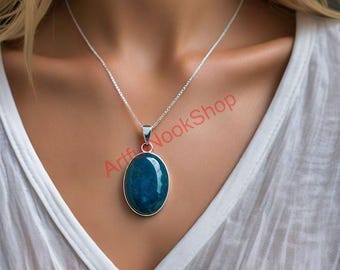 Natural Blue Apatite Stone Pendant, 925 Sterling Silver Pendant, Chain Pendant, Chain Necklace, Apatite Jewelry, Christmas Gift for Her