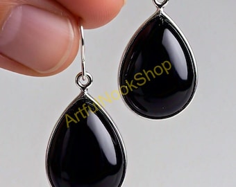 Orecchini a cerchio in oro e onice nero: pendenti in argento sterling, fatti a mano - Italia