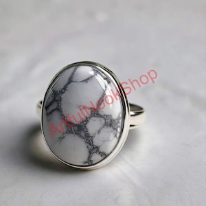 Natural Howlite Ring, White Stone Ring, 925 Sterling Silver Ring, Gemstone Ring, Howlite Jewelry, Statement Ring, Christmas Gift for Her