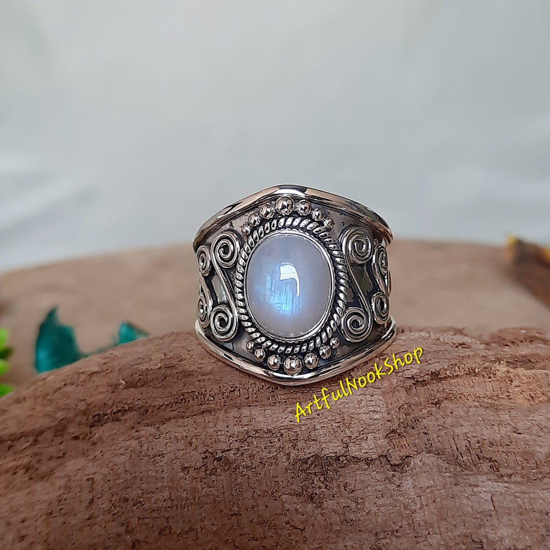 Moonstone Ring, Rainbow Moonstone Ring, Blue Flash Moonstone Ring, 925