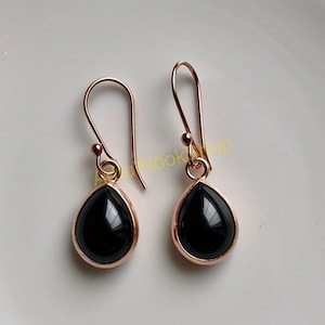 Birnenform Schwarzer Onyx Rose Gold Ohrringe 925 Sterling Silber 18K Rose Gold Überzogene Baumeln Ohrringe Schwarz Onyx Rose Gold Schmuck für Frauen