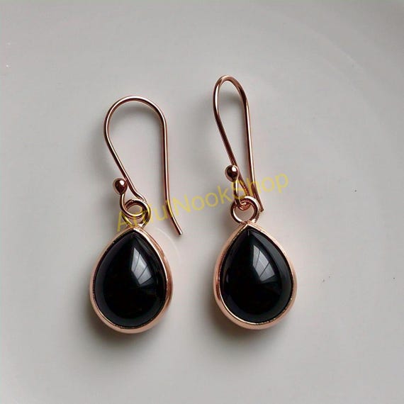 Birnenform Schwarzer Onyx Rose Gold Ohrringe 925 Sterling Silber