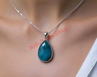 Neon Blau Apatit Anhänger, 925 Sterling Silber Anhänger, Blau Stein Anhänger, Edelstein Anhänger, Ketten Anhänger Halskette, Statement Anhänger