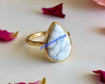 Natural Howlite Gold Ring White Stone Ring 925 Sterling Silver Yellow Gold Plated Ring Statement Ring Howlite Christmas Gift Jewelry for Her