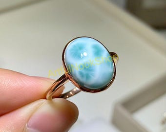 Anillo de oro rosa con larimar, anillo de plata de ley 925 maciza con baño de oro rosa, anillo llamativo, anillo de compromiso, anillos de compromiso, joyería de larimar